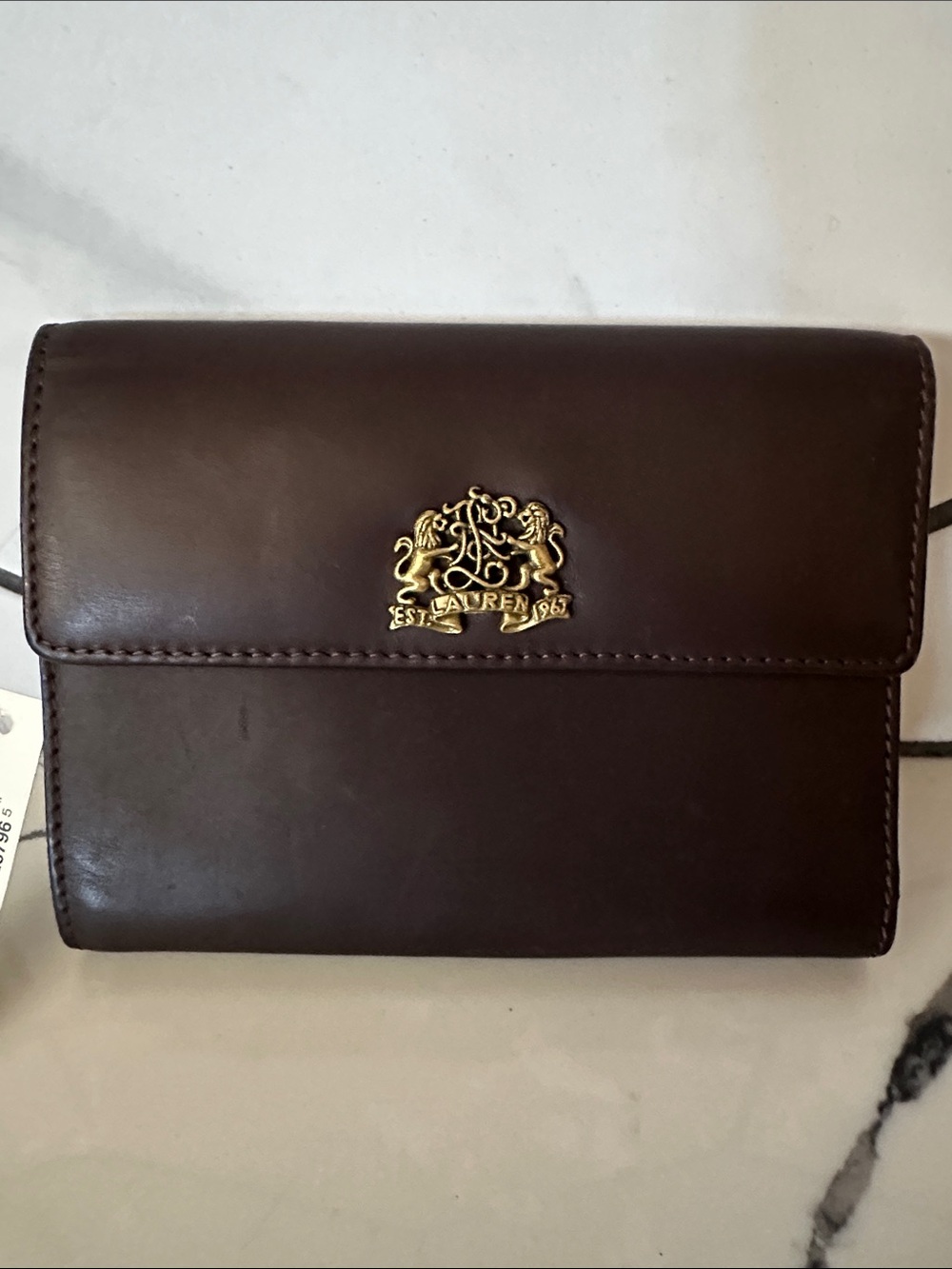 Ralph Lauren Dark Brown Leather Wallet Crossbody with Gold Crest
